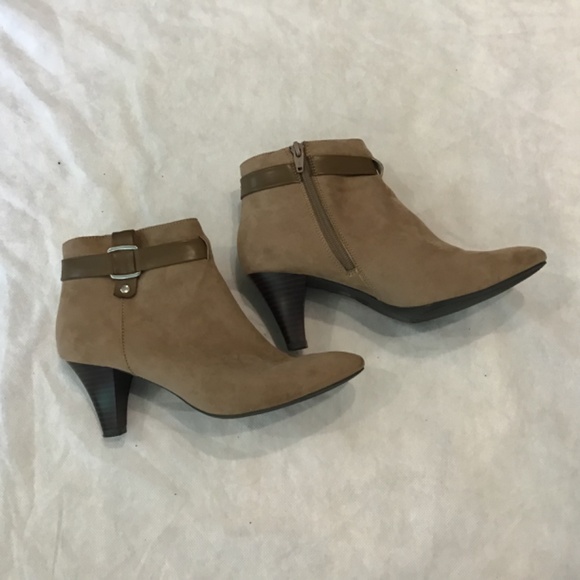 Shoes - 👢 Taupe Heeled Ankle Boots with Buckle Detail – Chic & Versatile